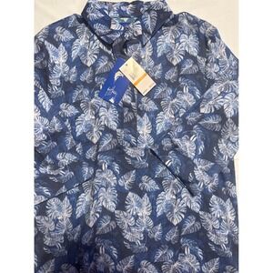 Guy Harvey Mens Estate Blue Tropical Leaf Print Short Sleeve Button Up Shirt  S